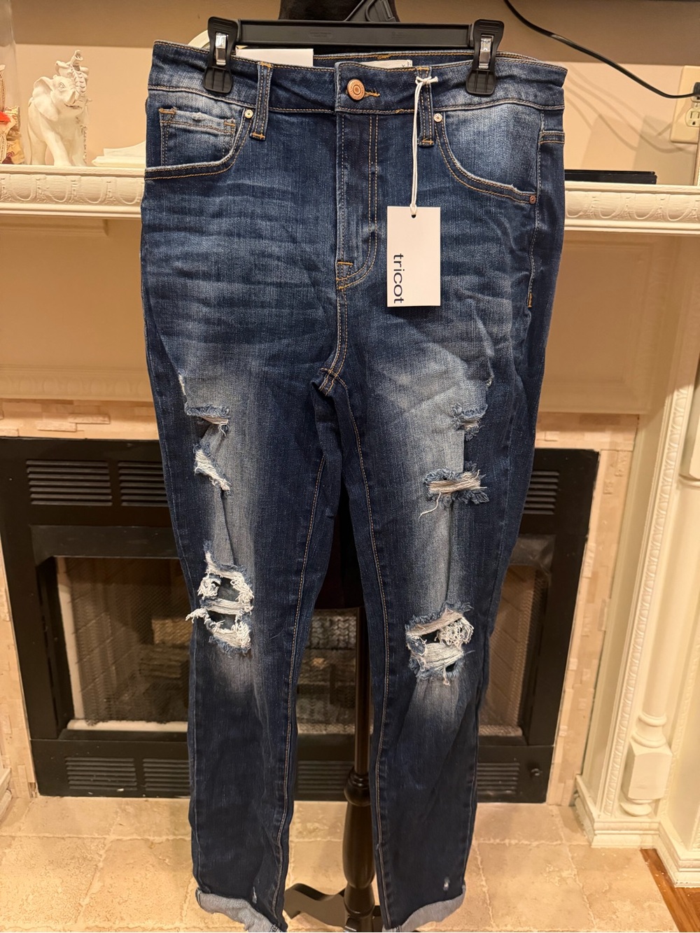 New tricot deep indigo distressed skinny jeans